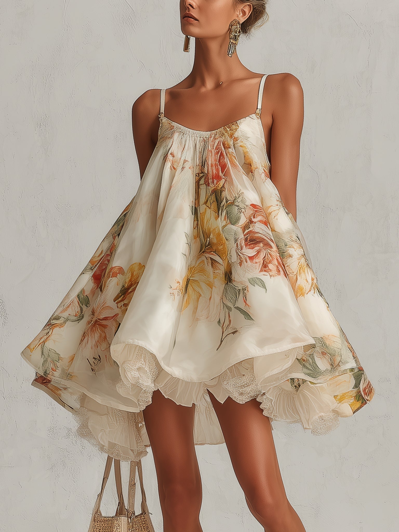 Helena - Beige Floral Organza A-Line Mini Dress with Lace Trim