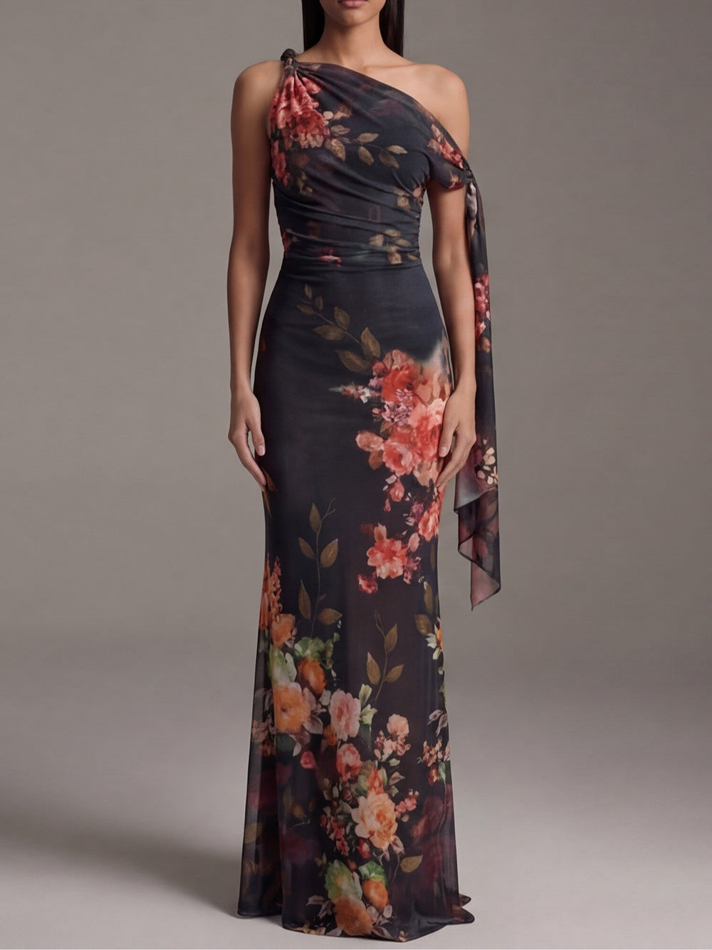 Bria - Black One-Shoulder Printed Pleated Chiffon Maxi Dress
