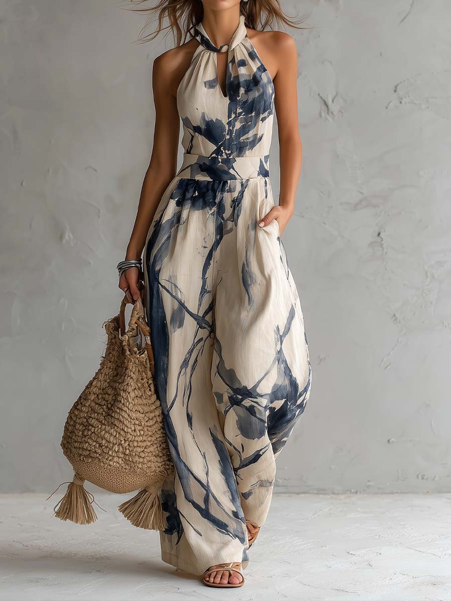 Haeri - Halter Neck Ink Wash Print Wide Leg Jumpsuit With Pockets