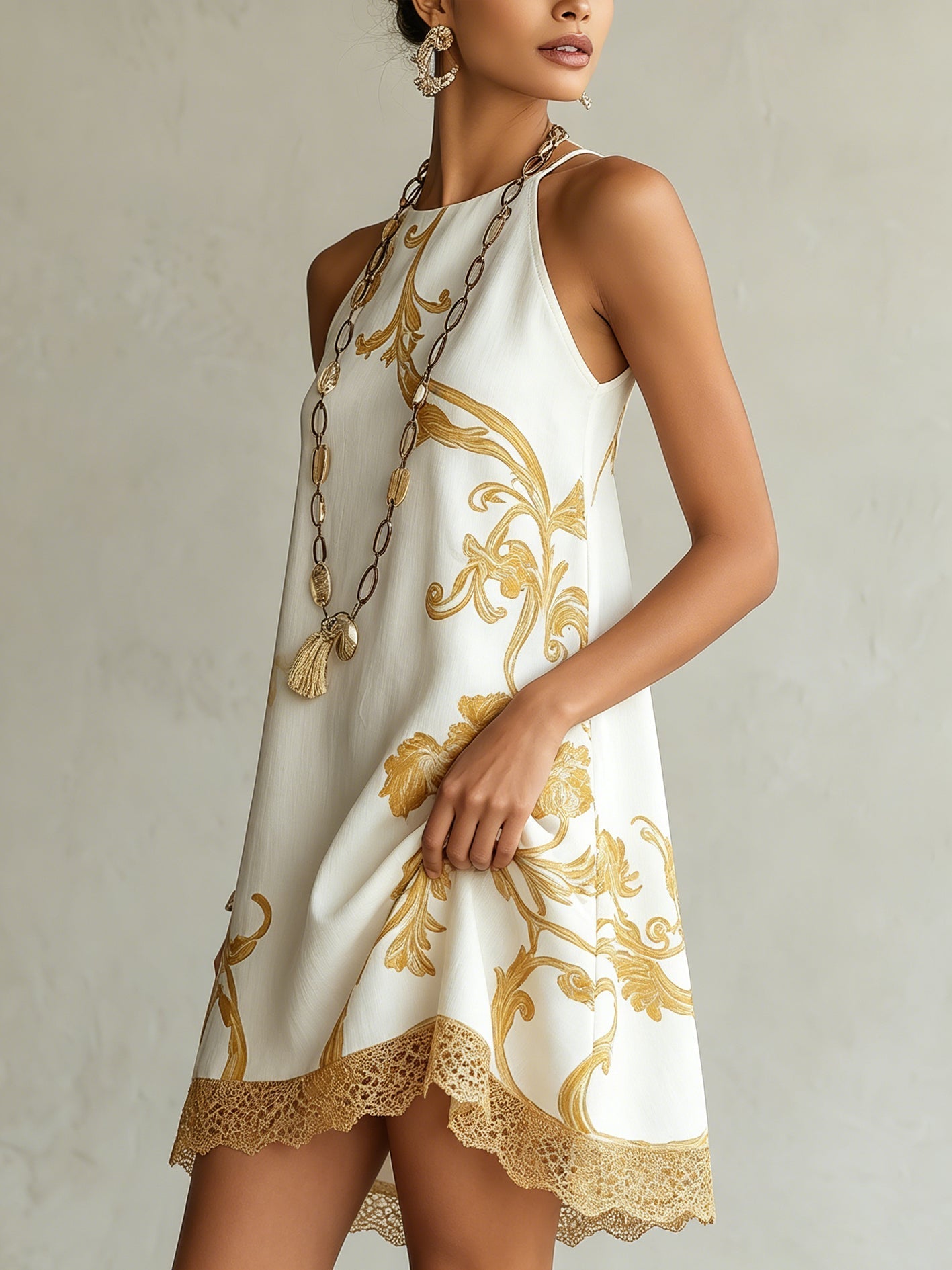 Vicky - White & Gold Printed Lace Mini Dress