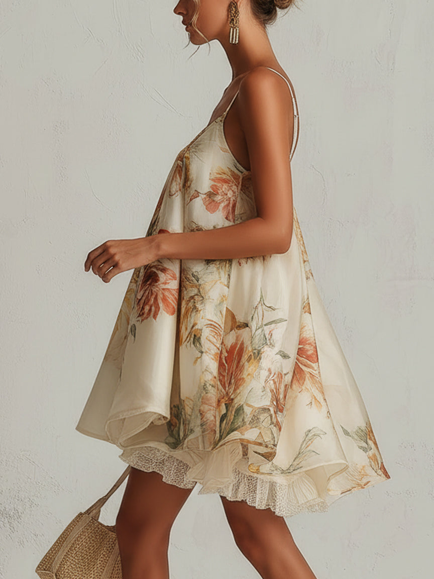 Helena - Beige Floral Organza A-Line Mini Dress with Lace Trim