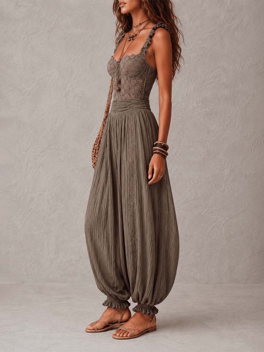 Lorra - Gray Lace Top and Harem Pants Set