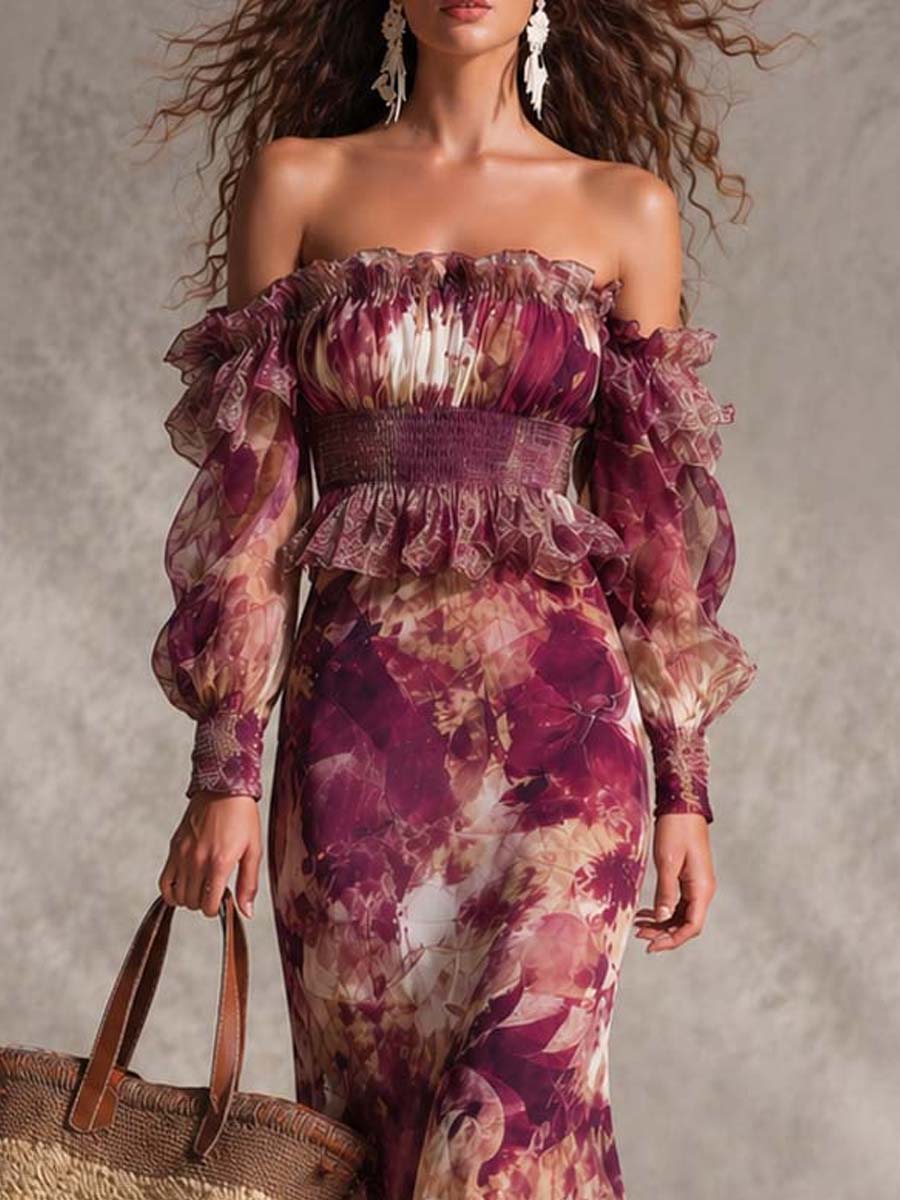 Elia - Rose Pink Floral Off-Shoulder Chiffon Maxi Dress