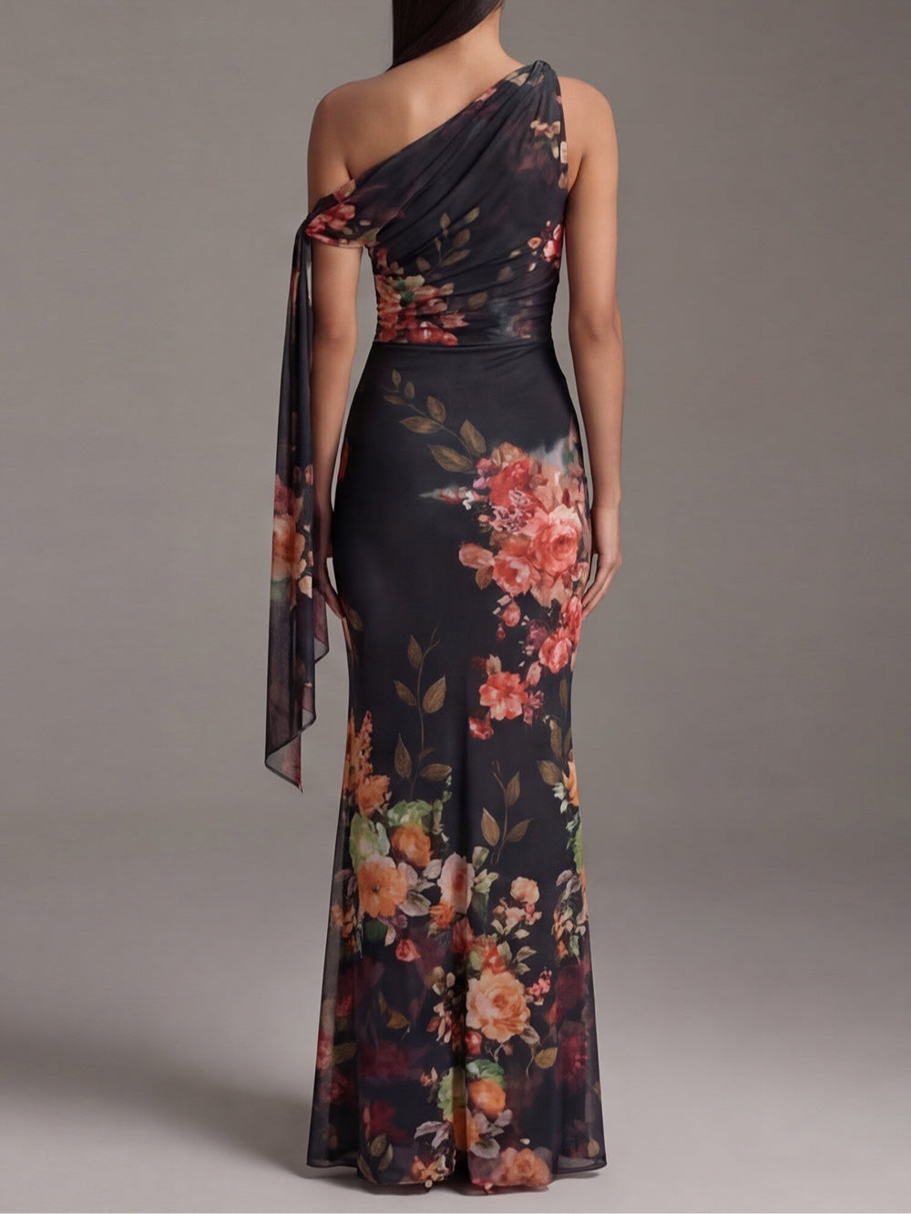 Bria - Black One-Shoulder Printed Pleated Chiffon Maxi Dress