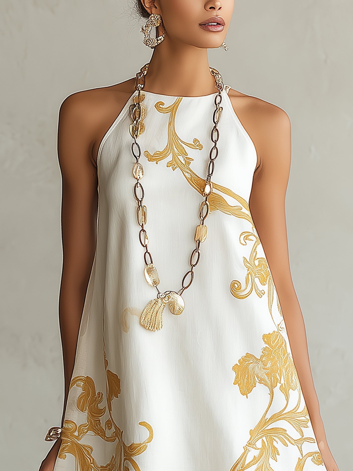 Vicky - White & Gold Printed Lace Mini Dress