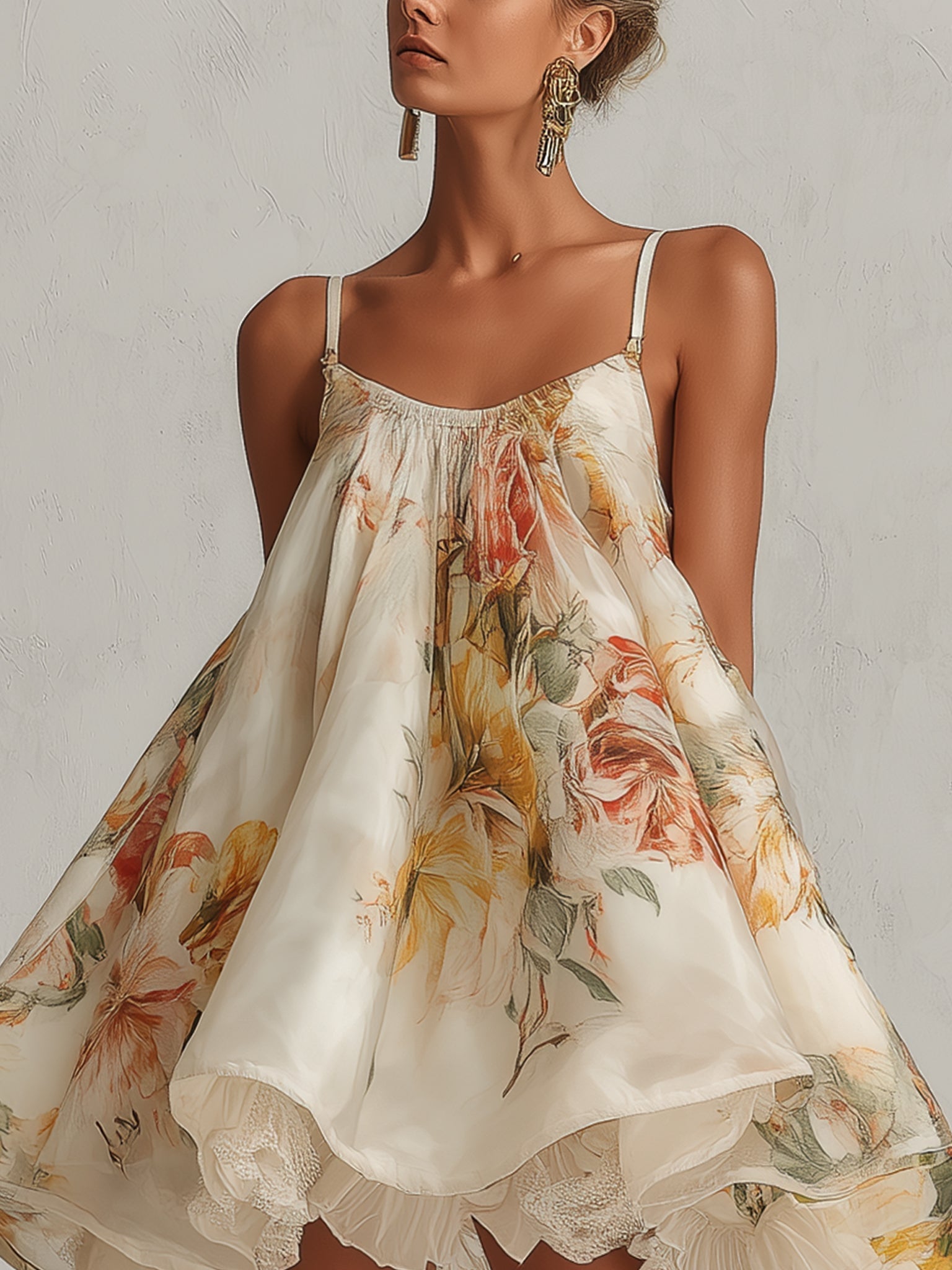 Helena - Beige Floral Organza A-Line Mini Dress with Lace Trim