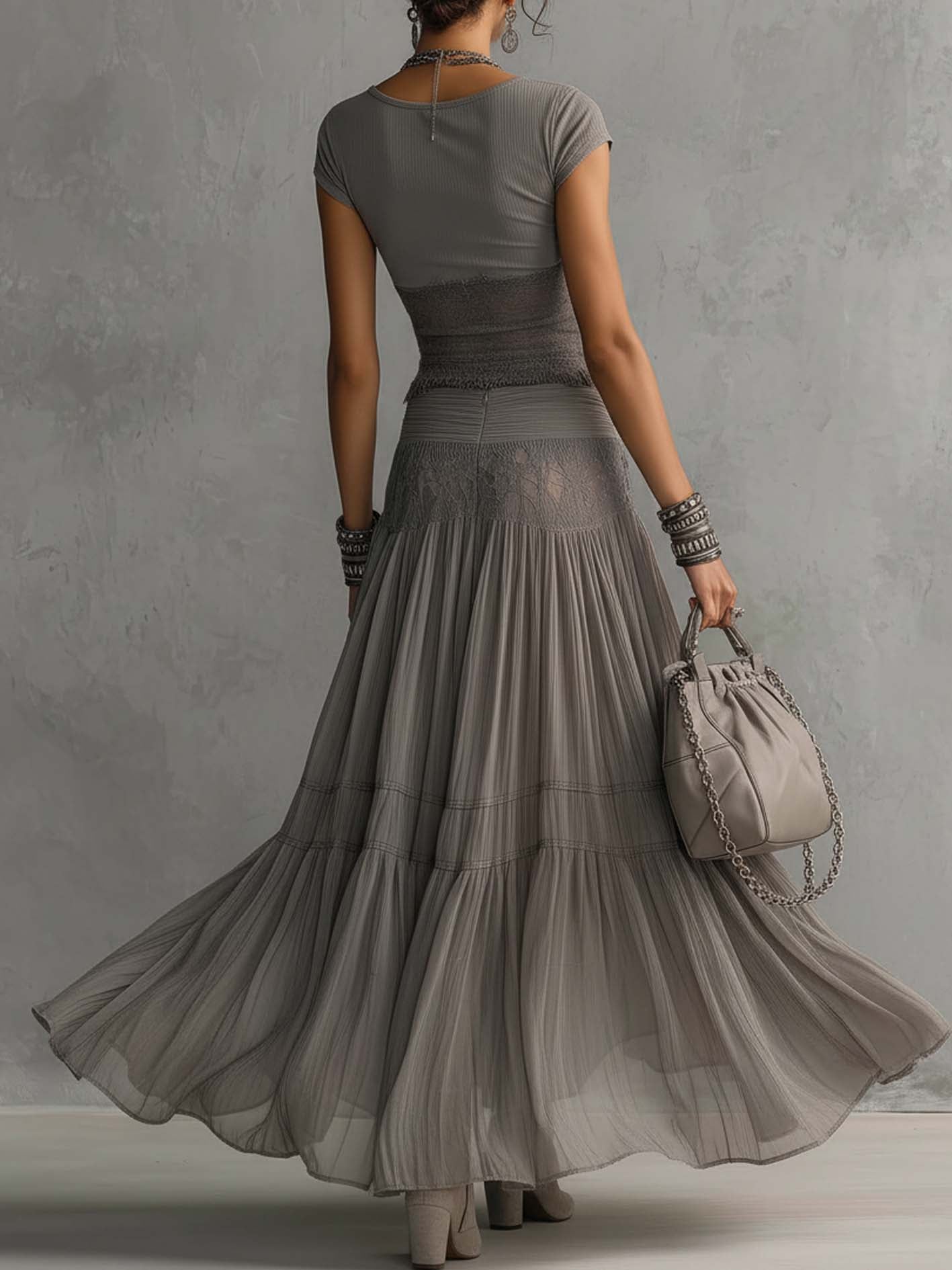 Rein - Gray Sheer Lace-Paneled Top and Pleated Maxi Skirt Set