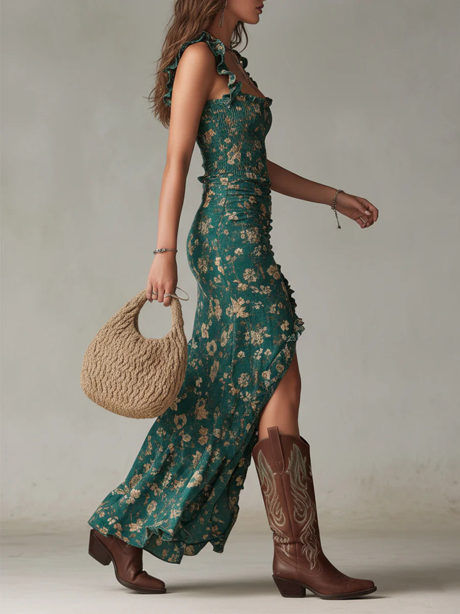 Fina - Bohemian Green Printed Maxi Dress with Ruffled Sleeves