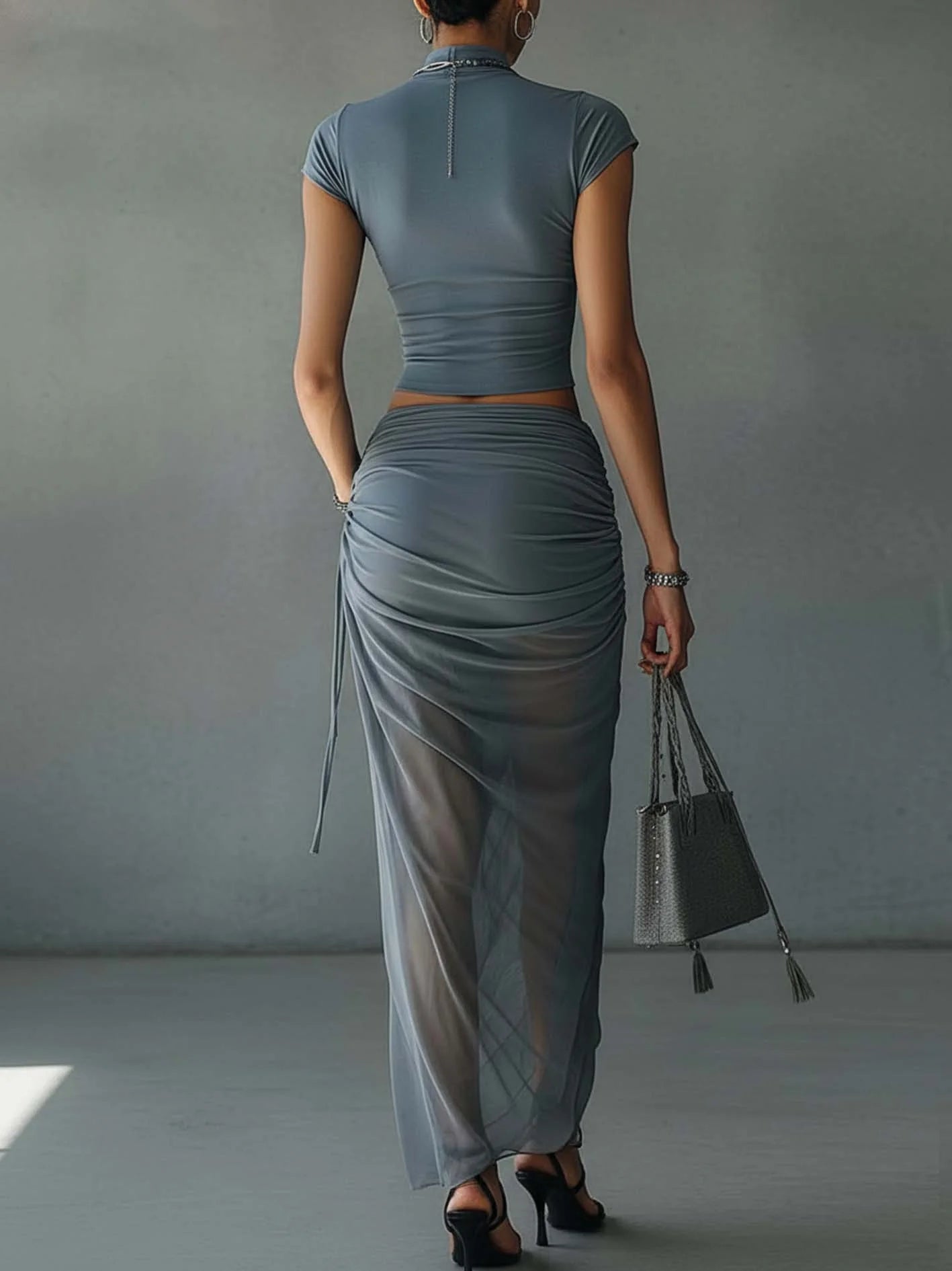 Lia - Blue Cropped T-Shirt and Sheer Mesh Draped Skirt Set