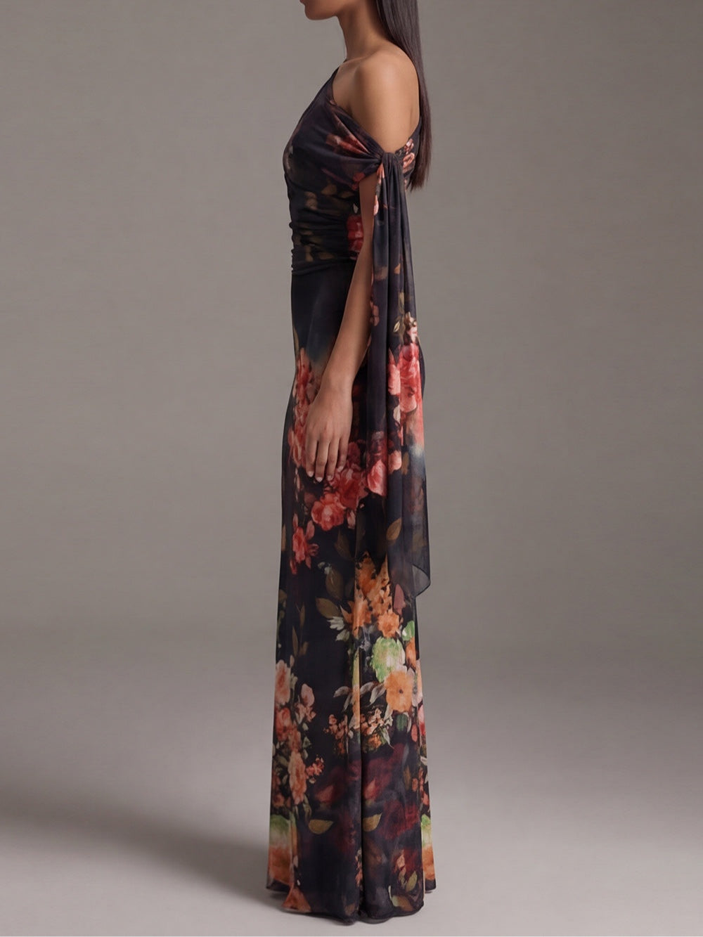 Bria - Black One-Shoulder Printed Pleated Chiffon Maxi Dress