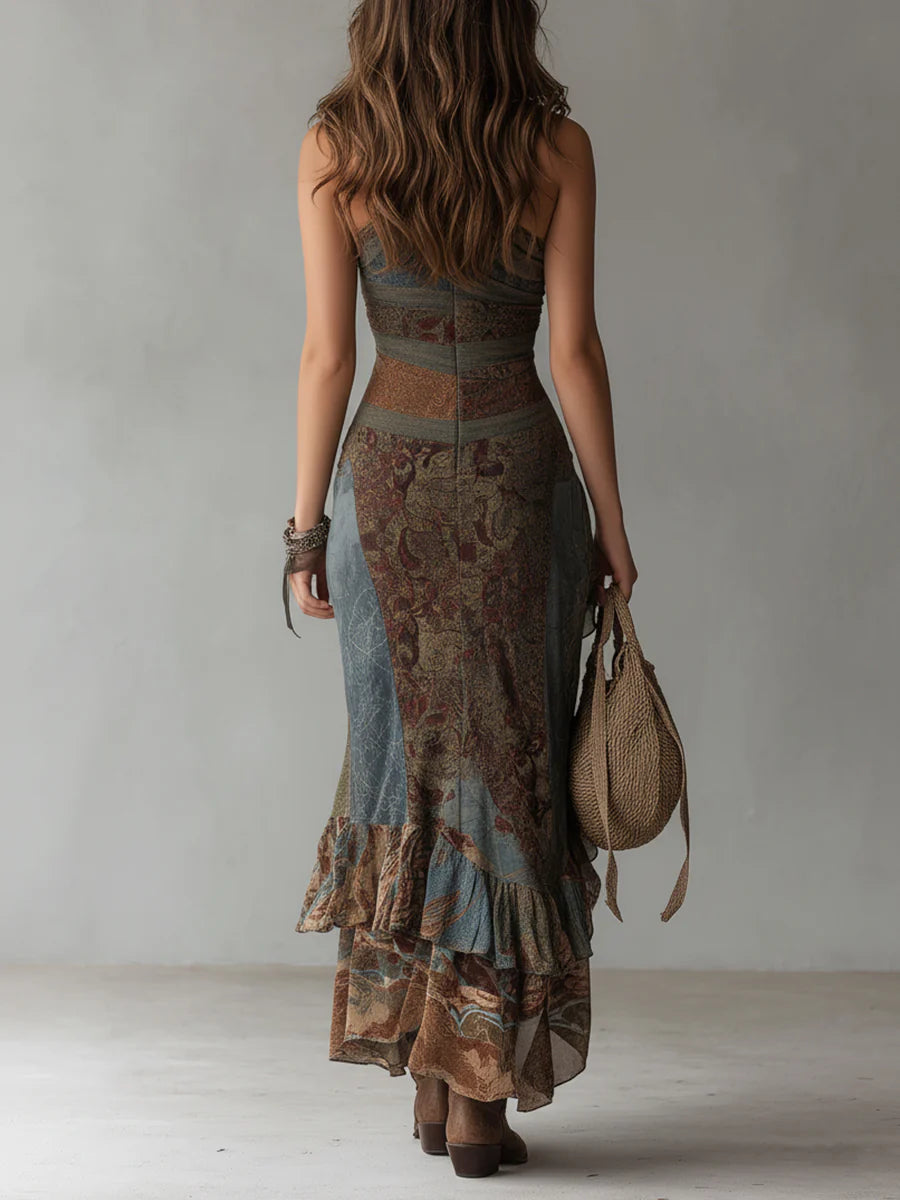 Caile - Ethnic-Style Printed One-Shoulder Maxi Dress with High Slit