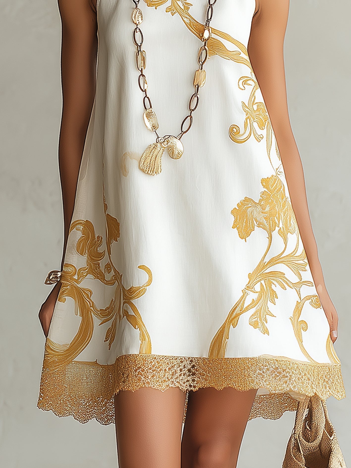 Vicky - White & Gold Printed Lace Mini Dress