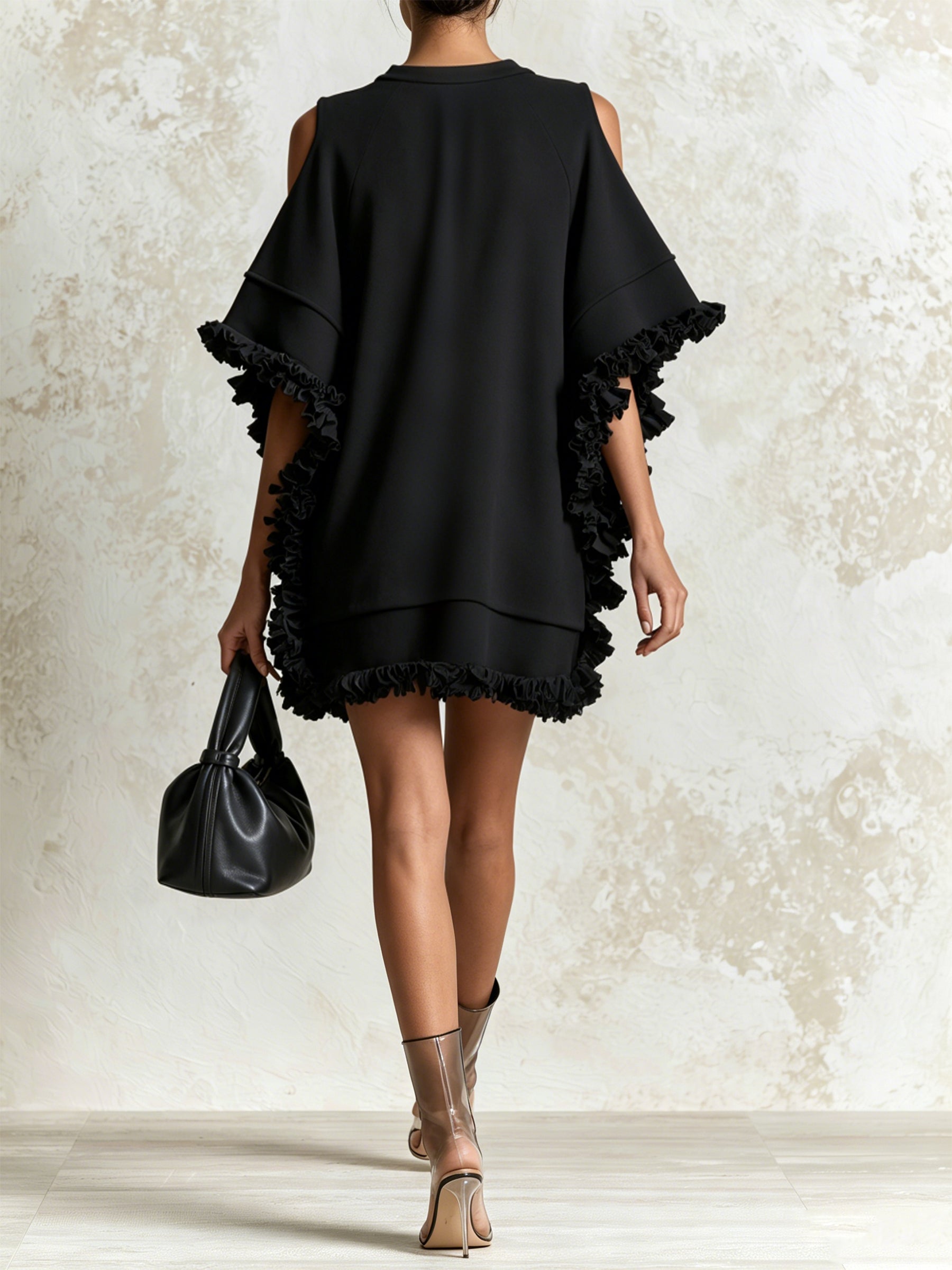 Ziara - Black Off-Shoulder Ruffled Mini Dress