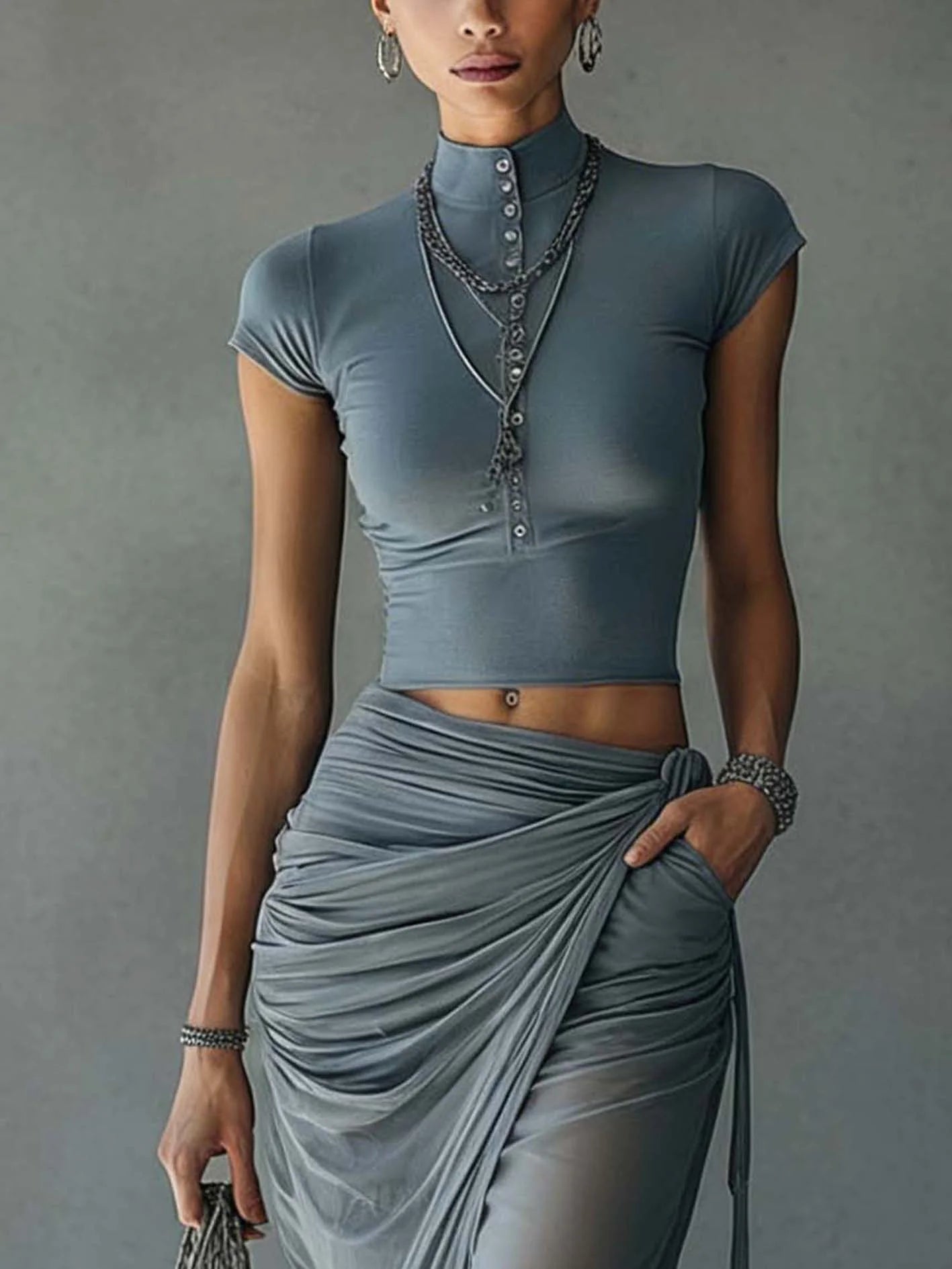 Lia - Blue Cropped T-Shirt and Sheer Mesh Draped Skirt Set