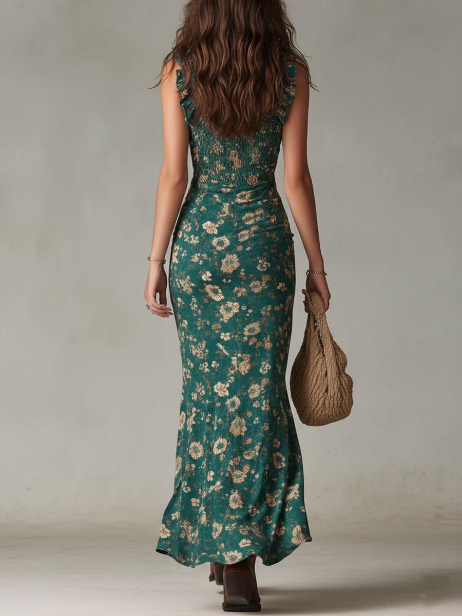 Fina - Bohemian Green Printed Maxi Dress with Ruffled Sleeves