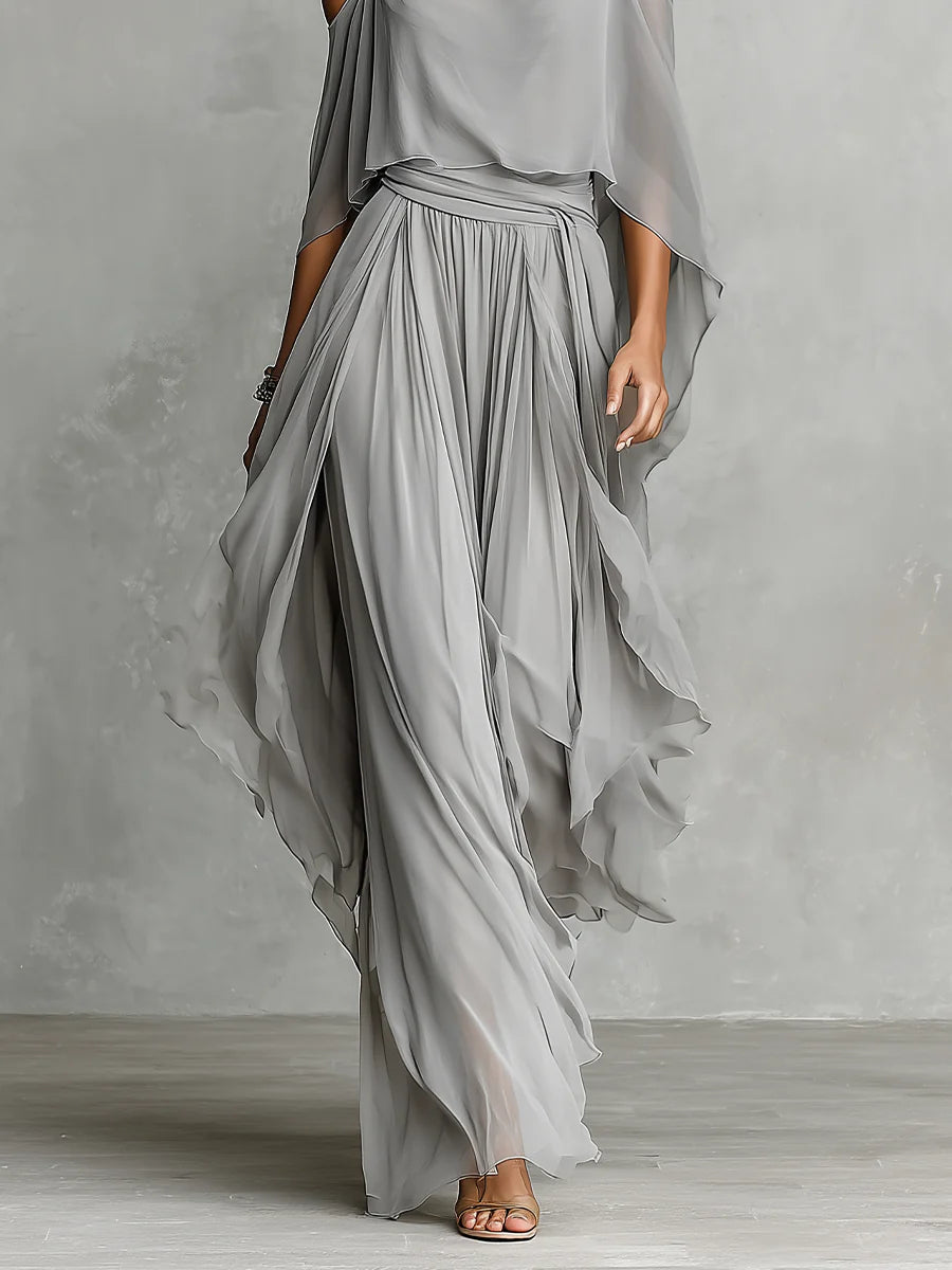 Lovie - Gray Off-Shoulder Flowy Camisole and Trousers Chiffon Set