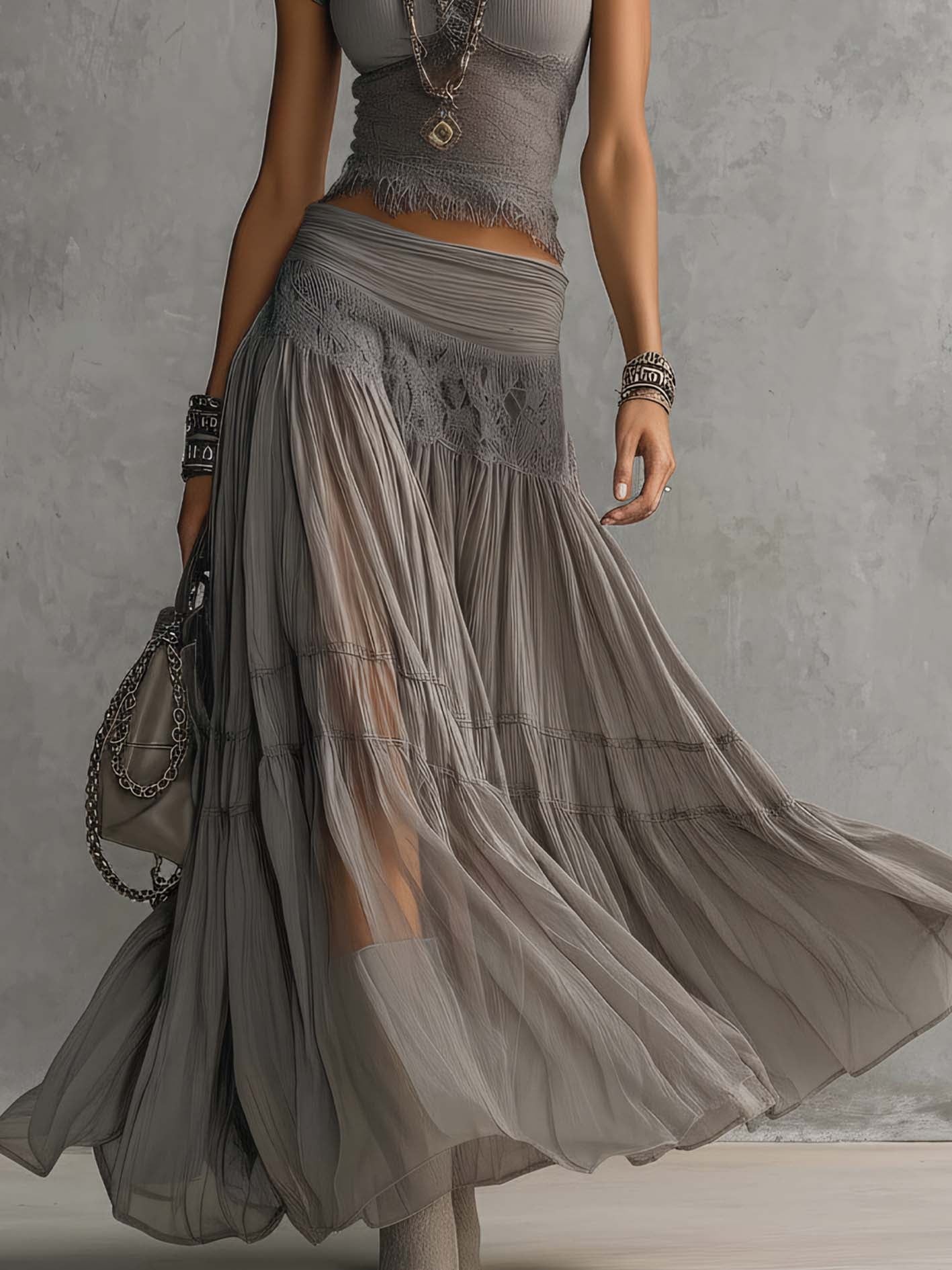 Rein - Gray Sheer Lace-Paneled Top and Pleated Maxi Skirt Set