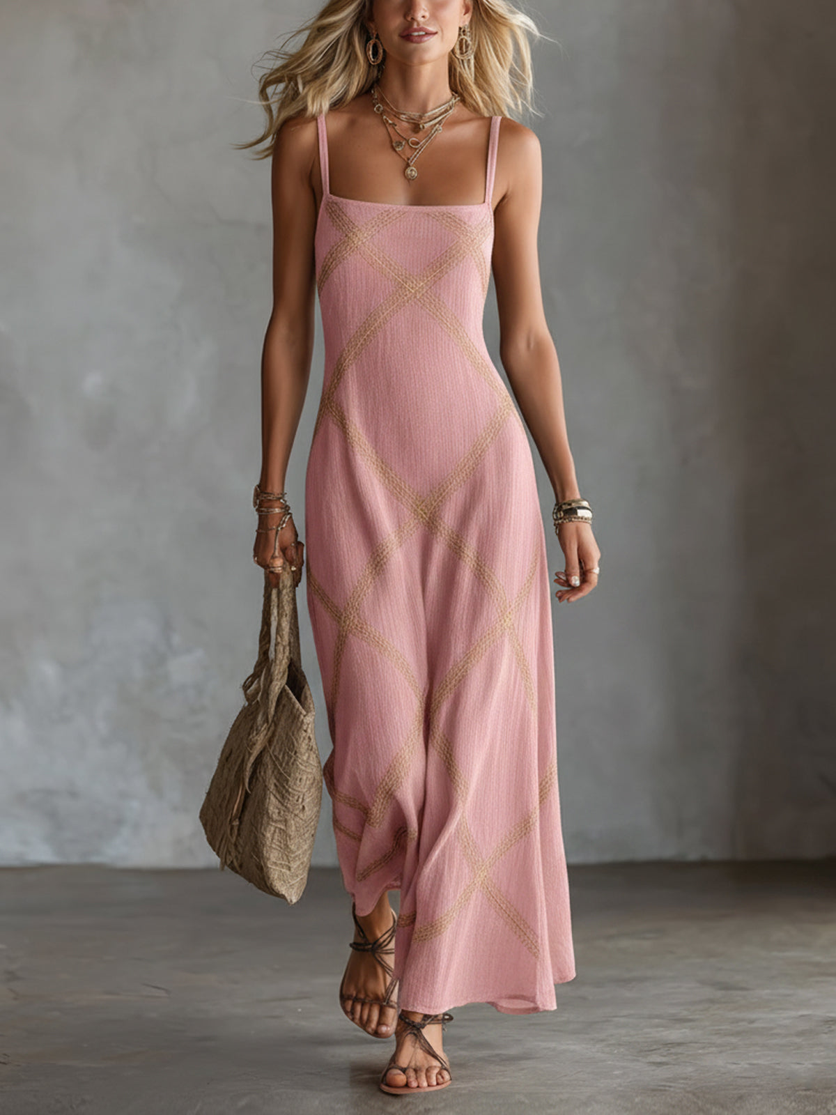 Paulia - Geometric Maxi Dress with Square Neck