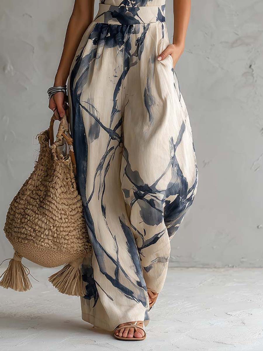 Haeri - Halter Neck Ink Wash Print Wide Leg Jumpsuit With Pockets