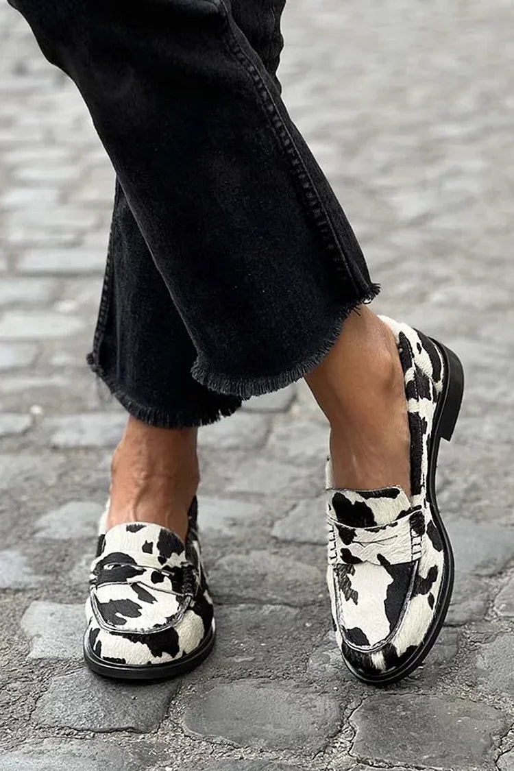 Ellie – Patchwork Cow Pattern Round-Toe Loafers