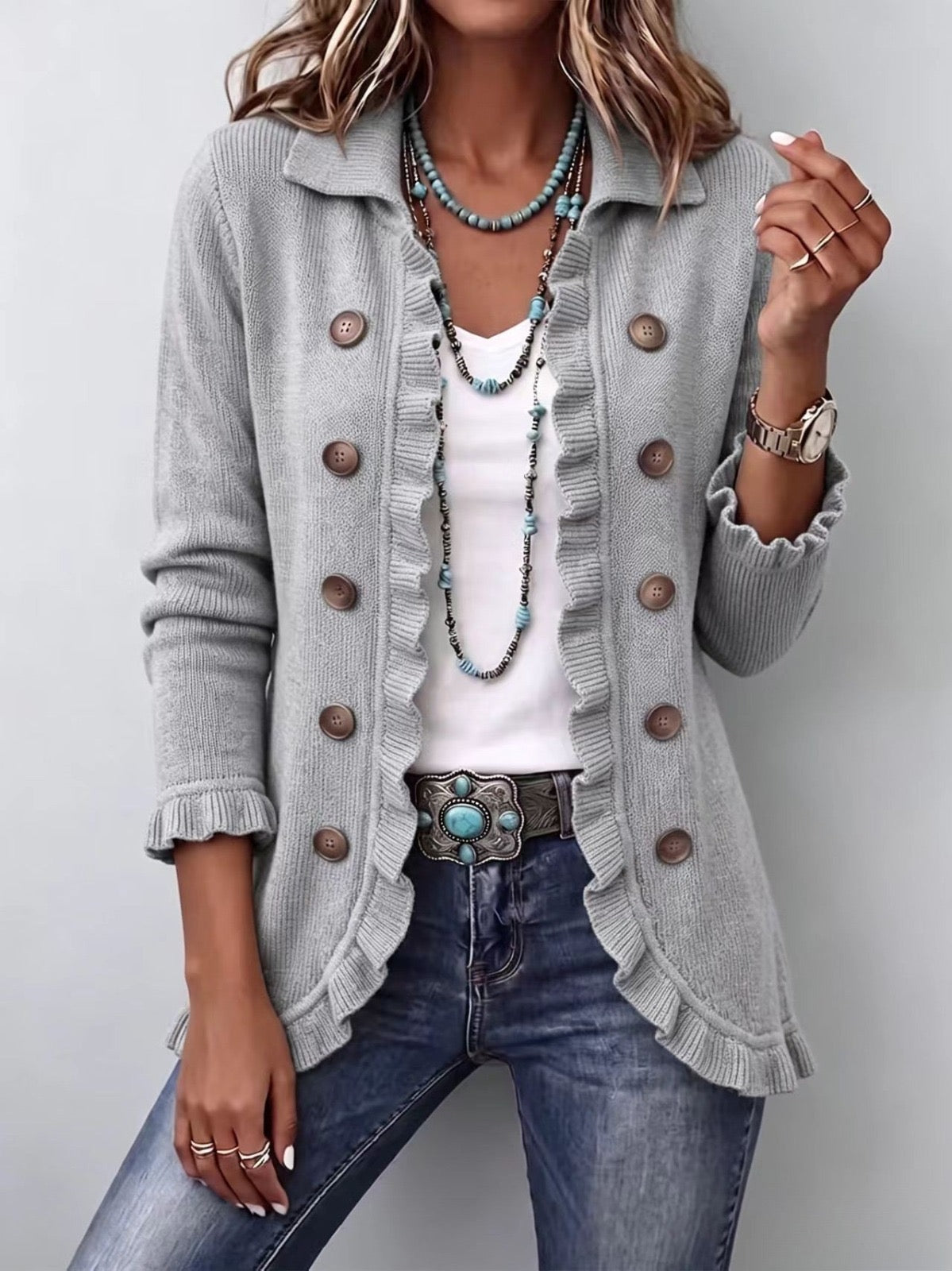 Esme – Grey Marled Vintage-Inspired Frill Cardigan