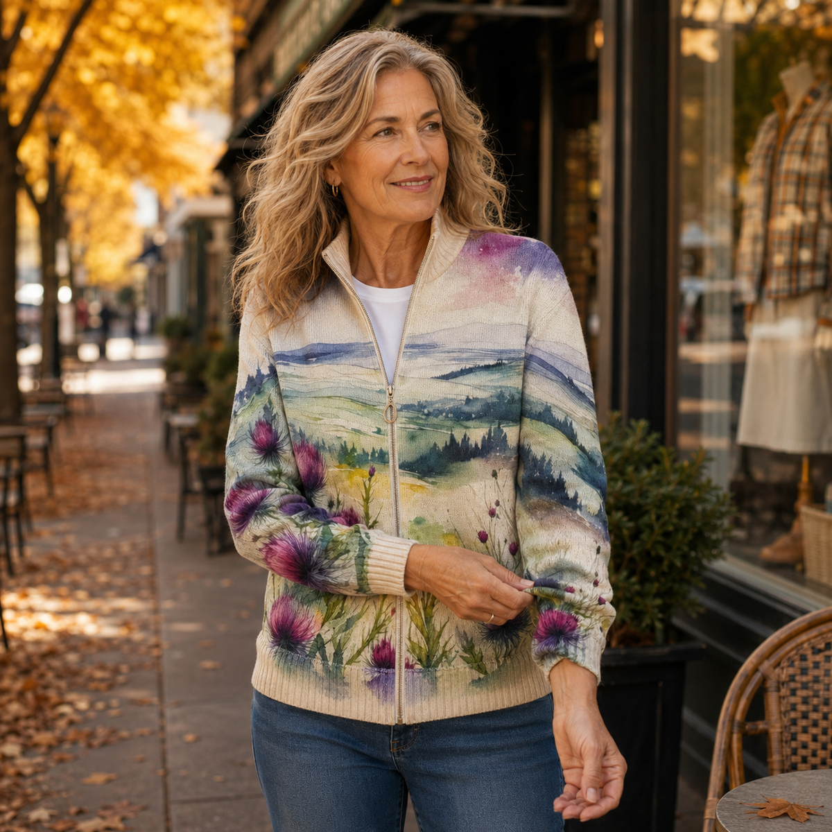 Clarissa - Scottish Thistle Landscape Zip Cardigan