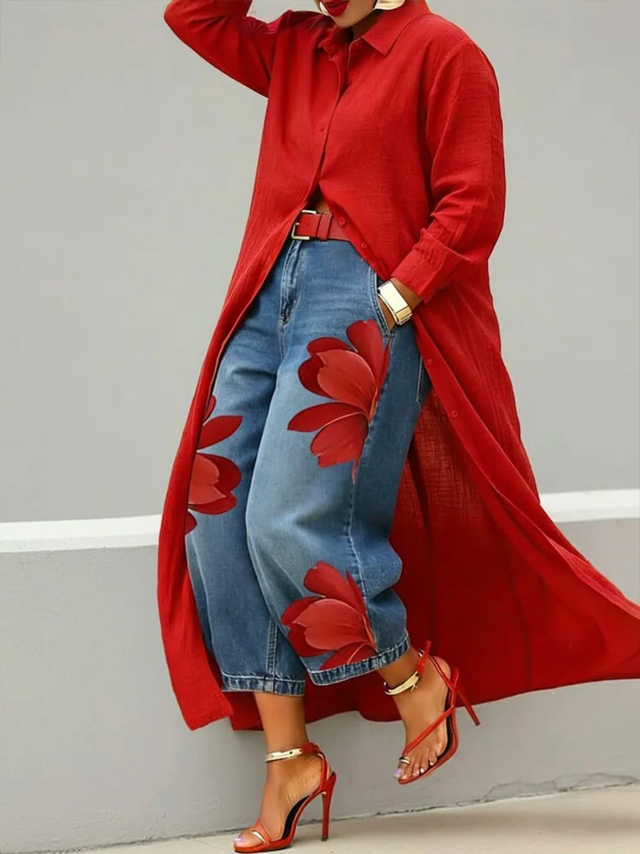 Christine | Shirt Dress and Floral Jeans Set