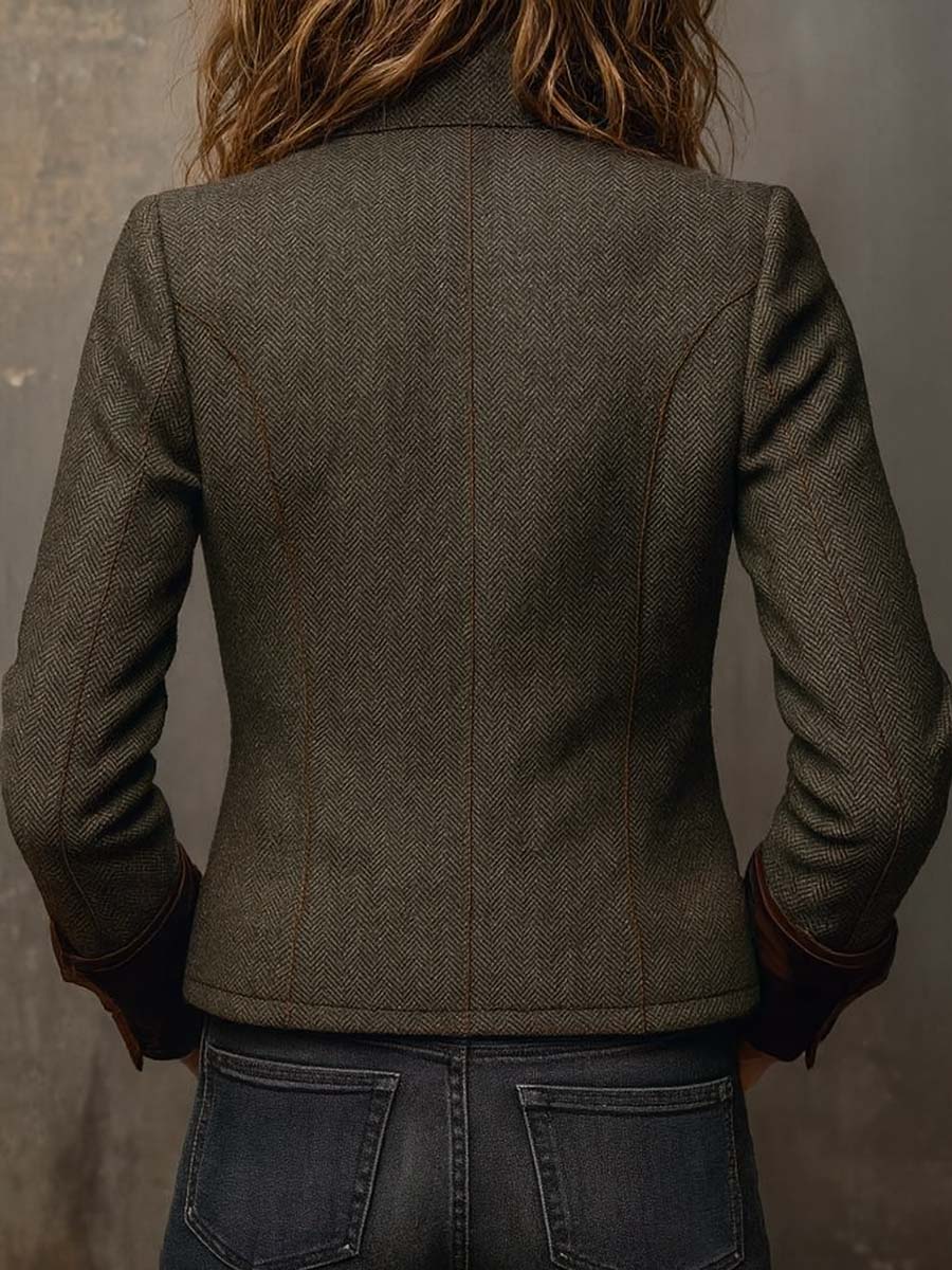 Magdalene - Women’s Vintage Herringbone Contrast Trim Blazer