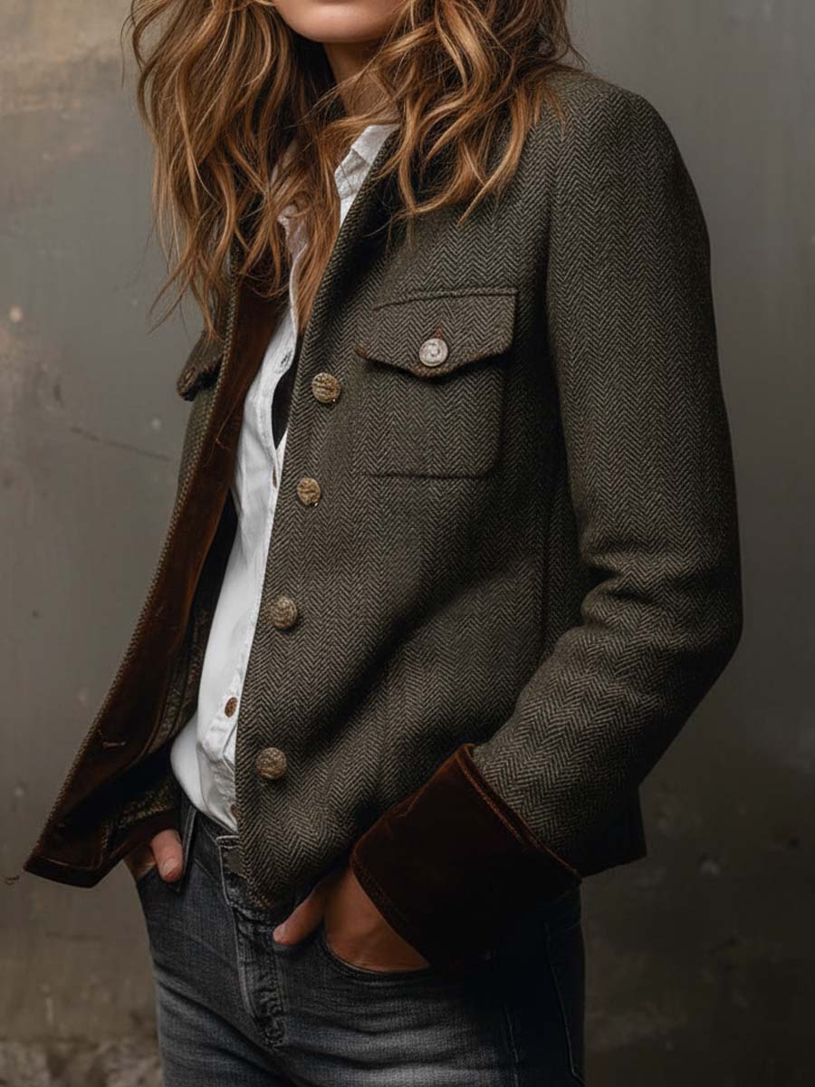 Magdalene - Women’s Vintage Herringbone Contrast Trim Blazer