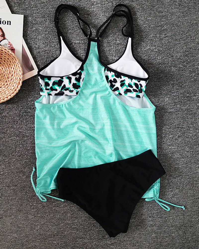 Julian - Solid Tankini With Leopard Print Detail