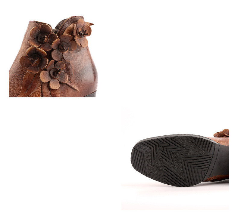 Juliette - Retro Handmade Floral Leather Solid Color Ankle Boots