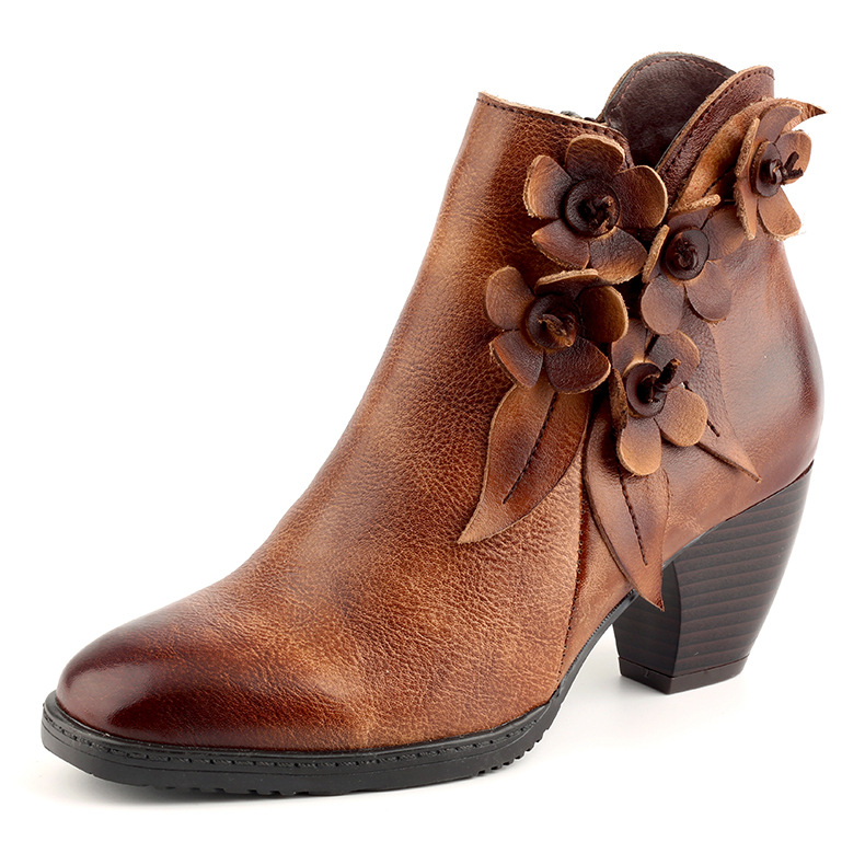 Juliette - Retro Handmade Floral Leather Solid Color Ankle Boots