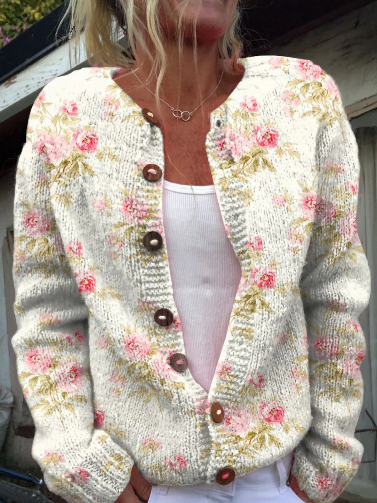Tatum - Flowers & Leaves Print Buttoned Cardigan