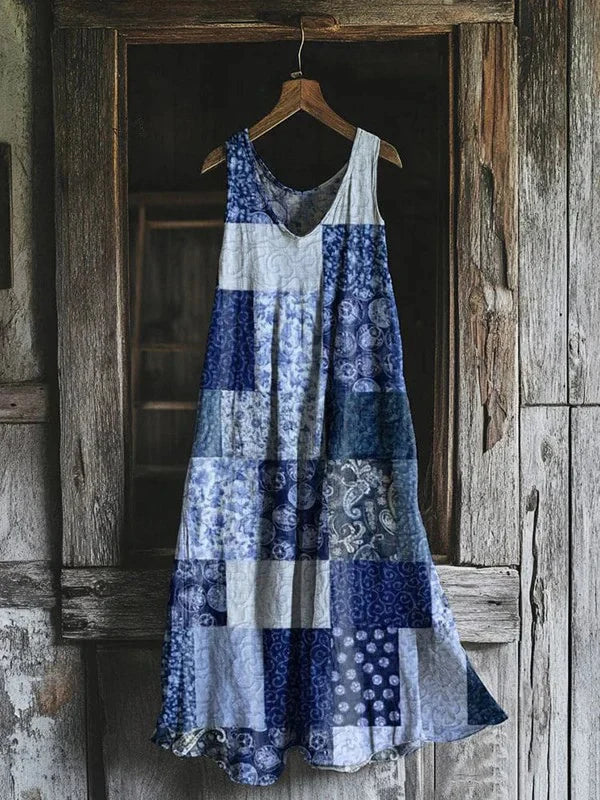 Courtney – Dress with Blue Patchwork Pattern
