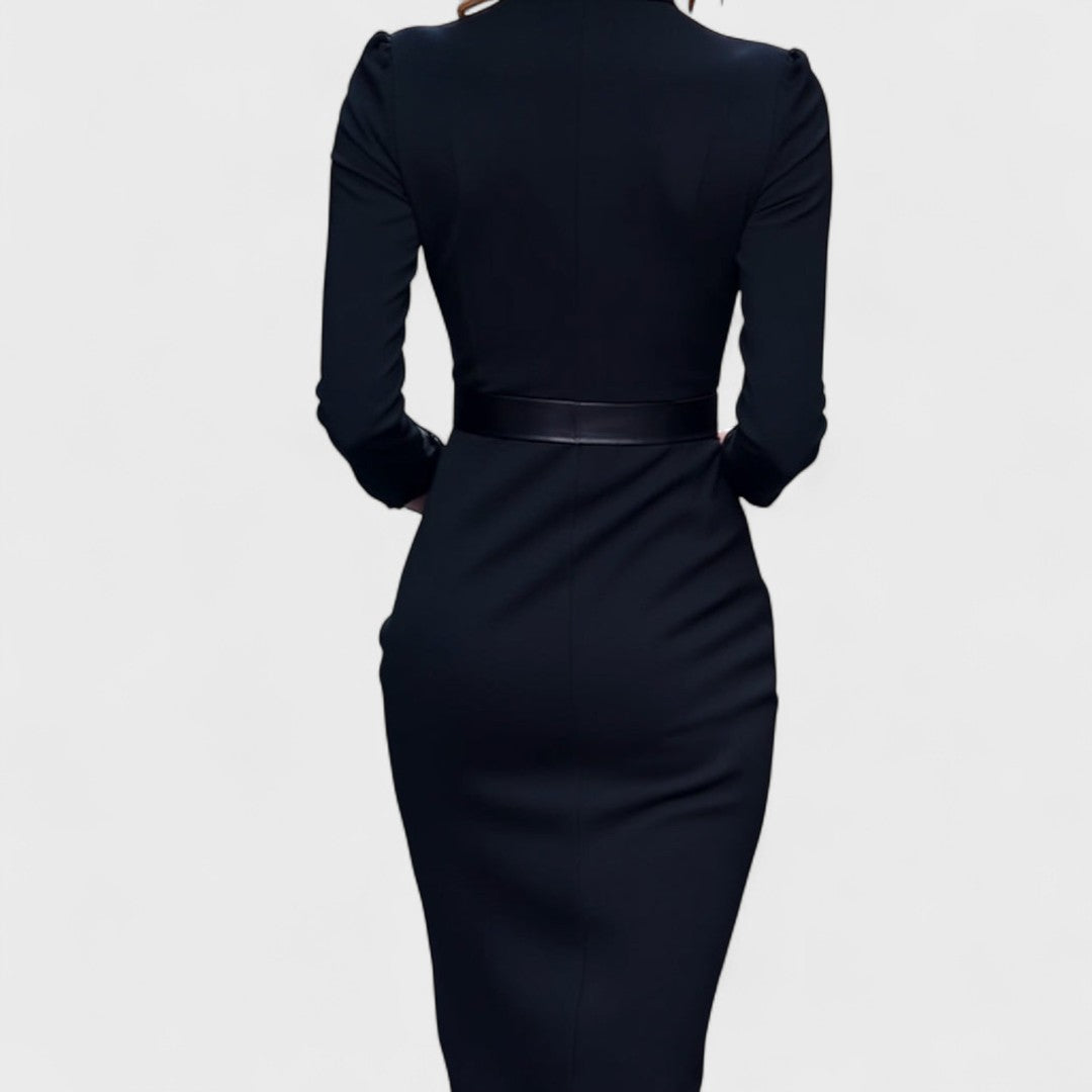 Mollie – Refined Black Dress with Belt and Mandarin Collar