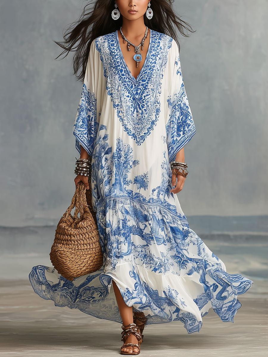 Celeste – Blue Porcelain Print Kaftan Dress