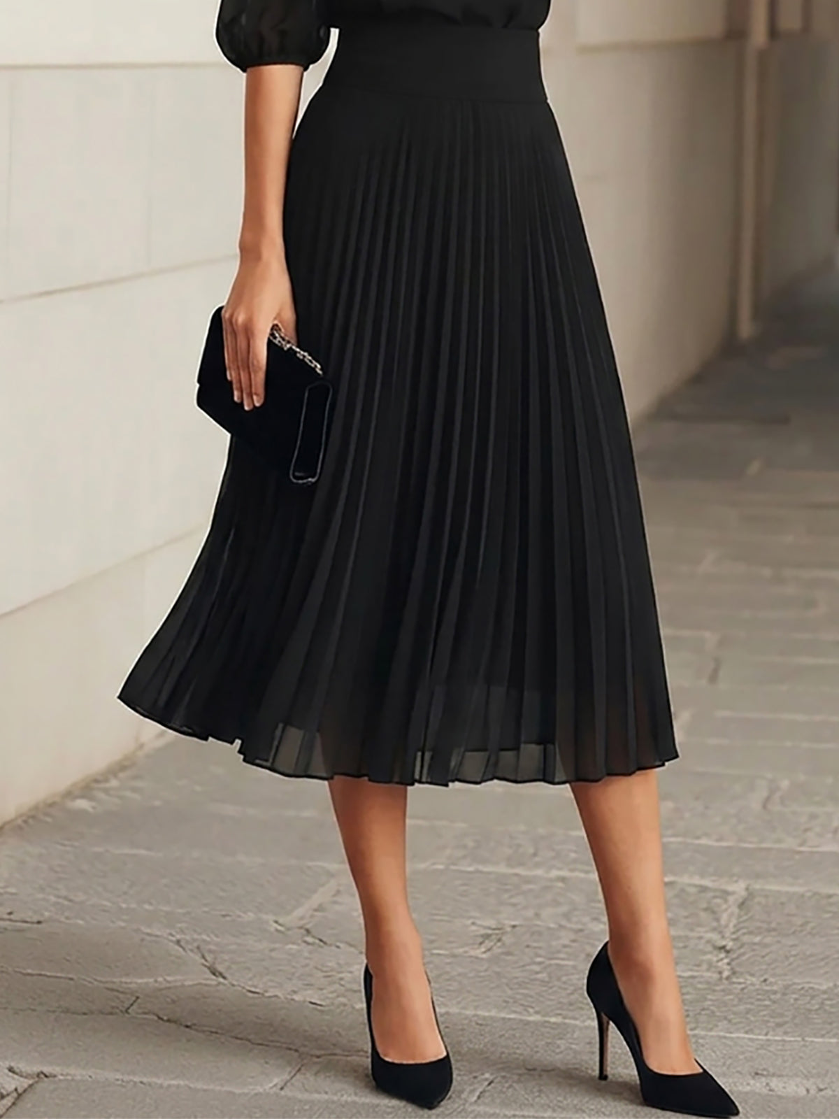 Celena - Black Chiffon Top & Pleated Midi Skirt Three-Piece Set