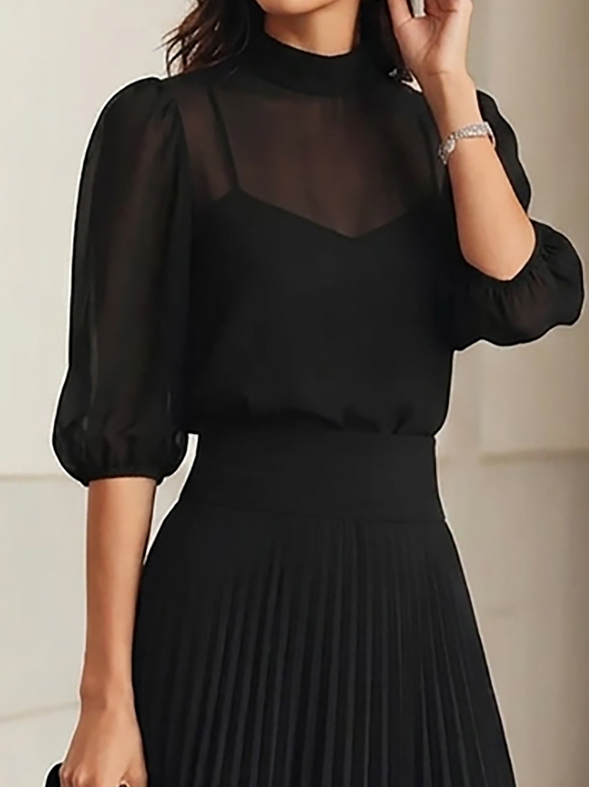 Celena - Black Chiffon Top & Pleated Midi Skirt Three-Piece Set