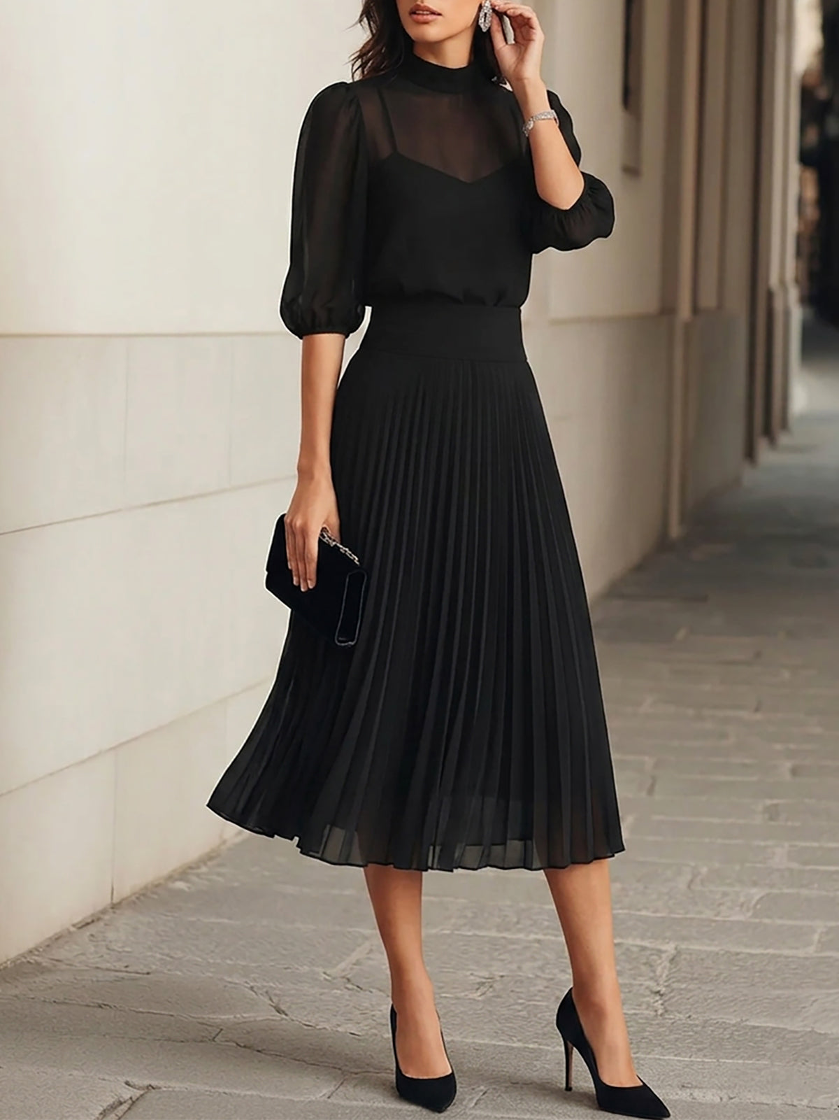 Celena - Black Chiffon Top & Pleated Midi Skirt Three-Piece Set