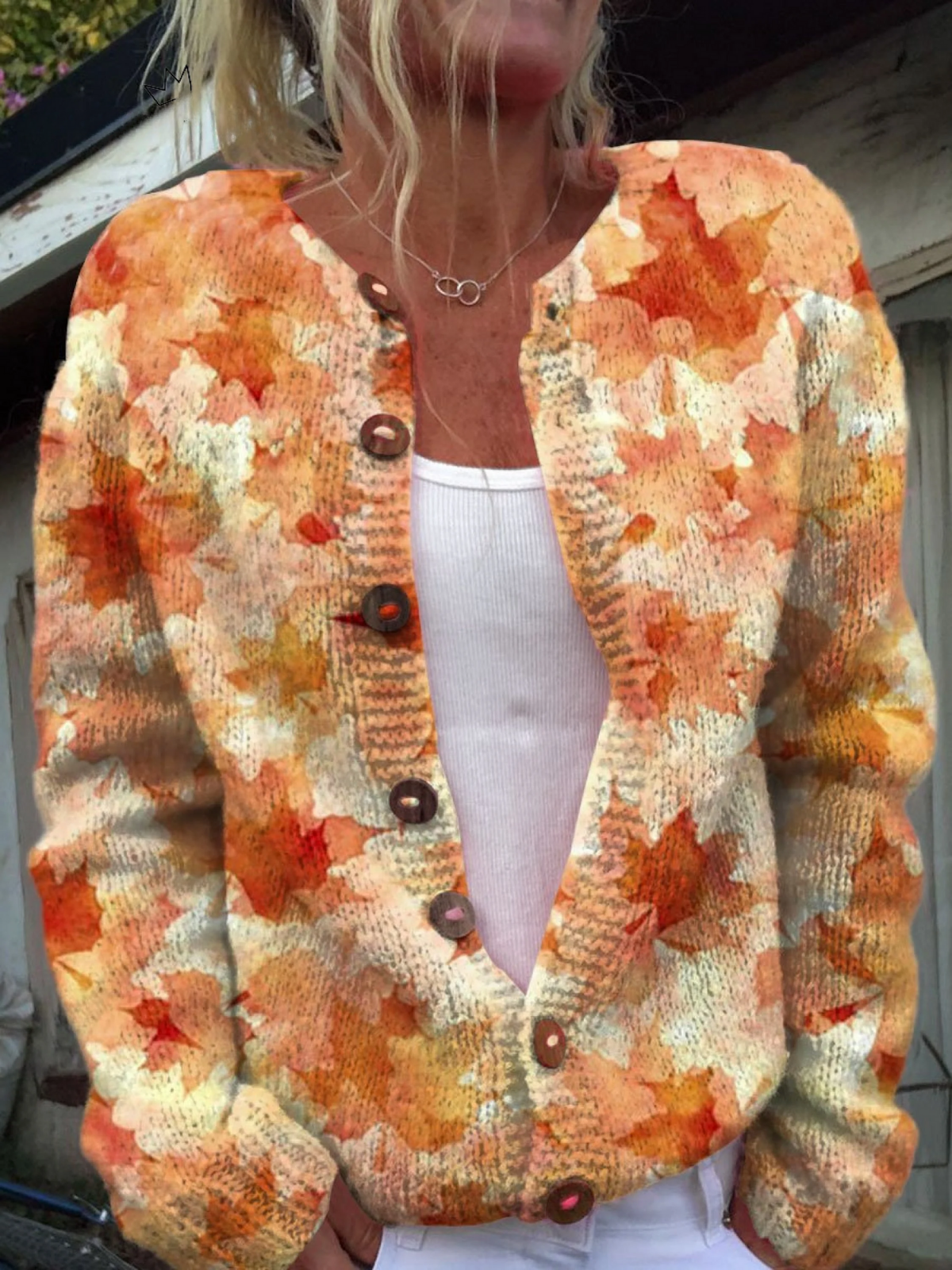 Rebekah - Maple Leaf Autumn Art Print Buttoned Cardigan