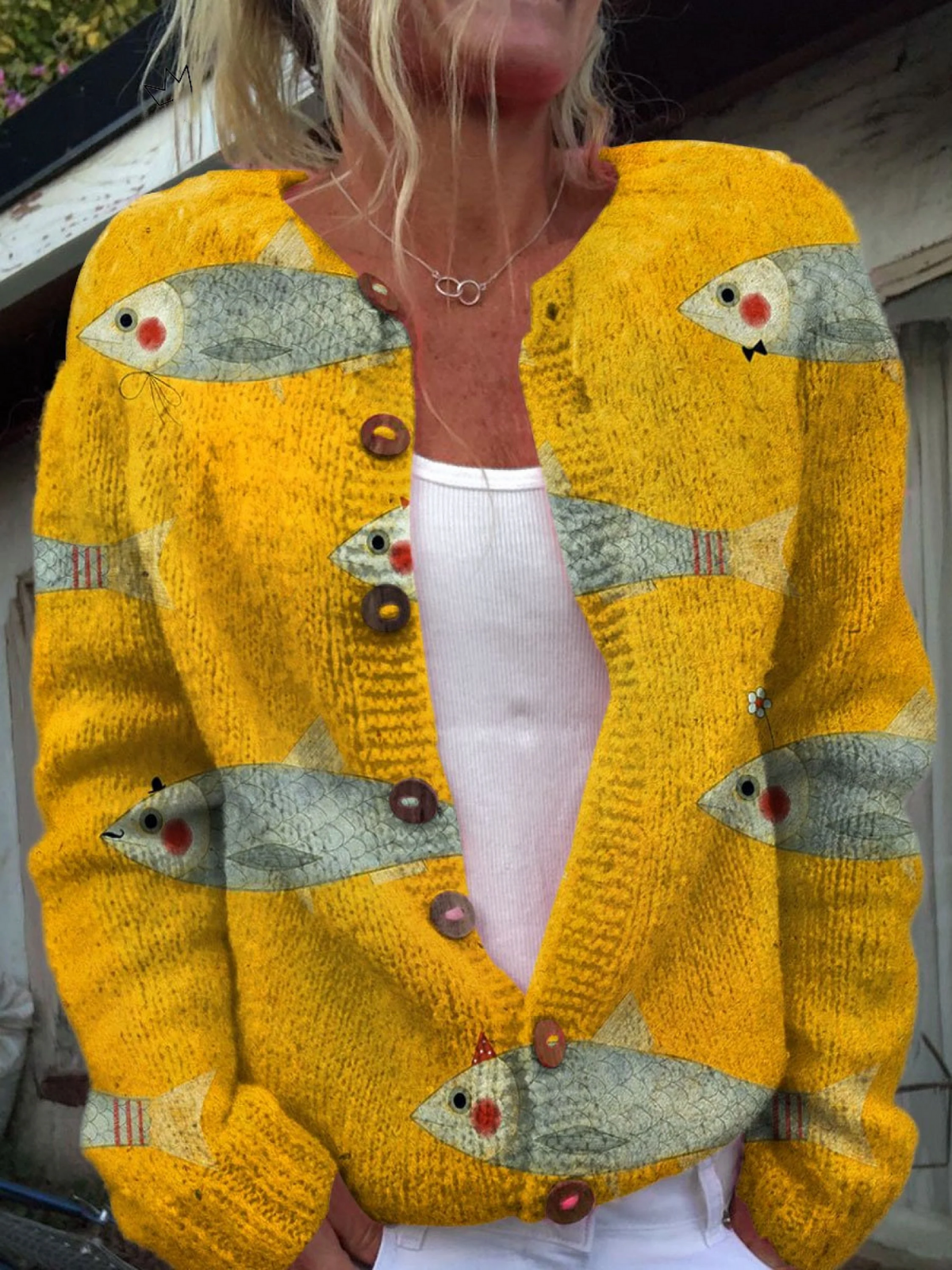 Cora - Vintage Fish Sardines Art Print Buttoned Cardigan