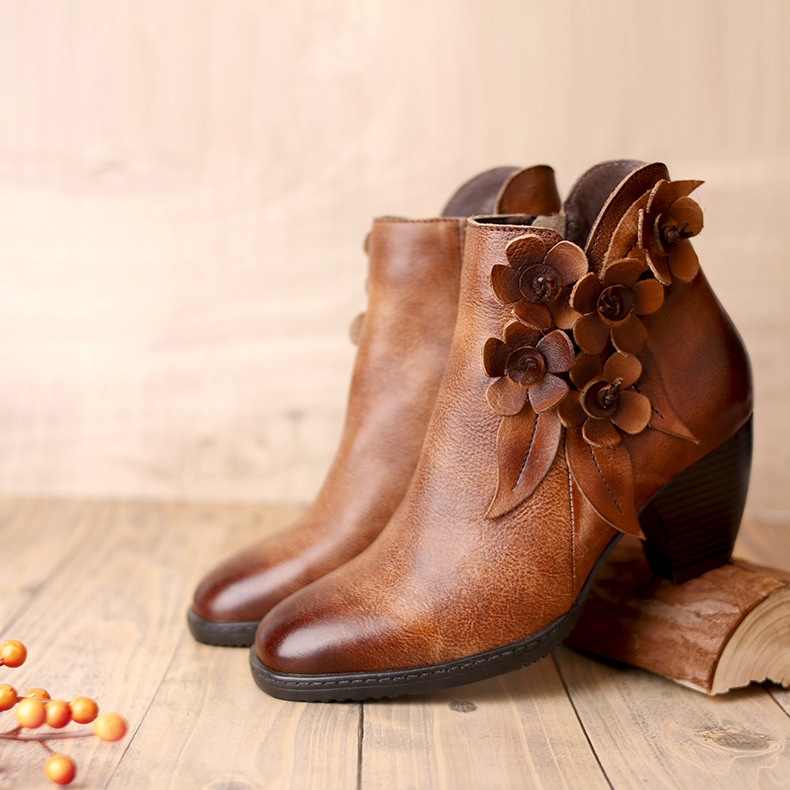 Juliette - Retro Handmade Floral Leather Solid Color Ankle Boots