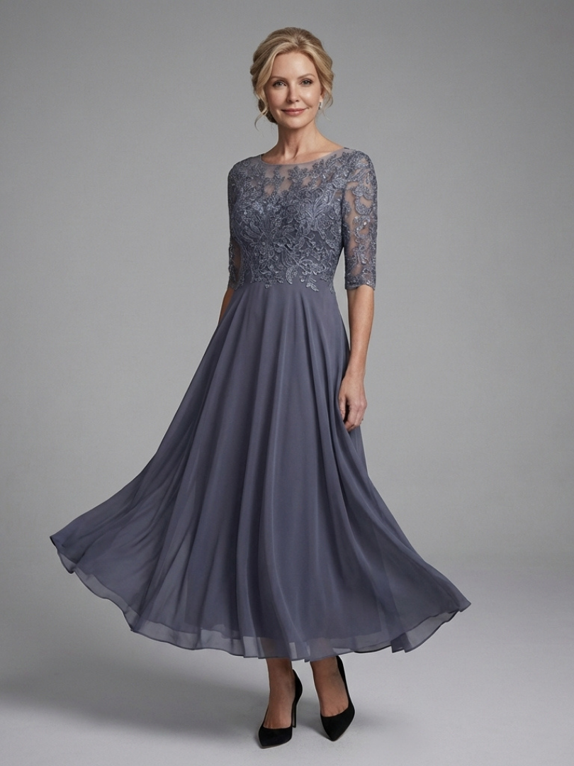 Amelia - Lace Midi Dress With Sheer Sleeves