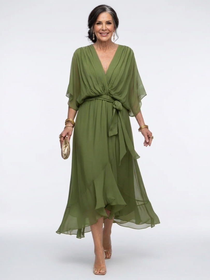Roa - V-Neck Draped Waist Midi Dress