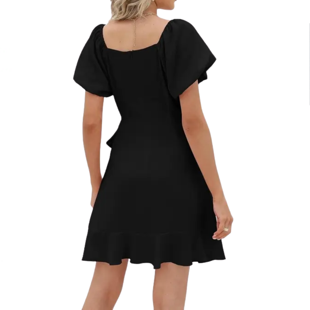 Jonalie - Square Neck Puff Sleeve Tie Waist Summer Dress