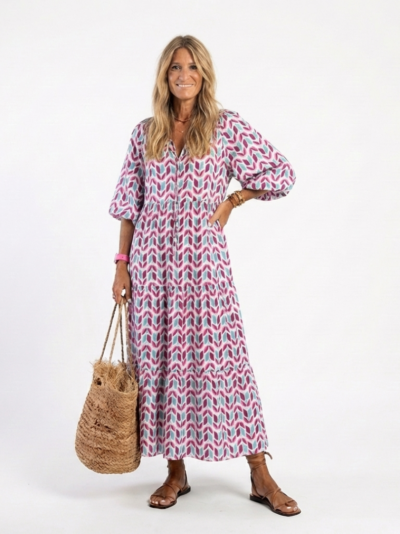 Myra - Geometric Print Long Sleeve Midi Dress