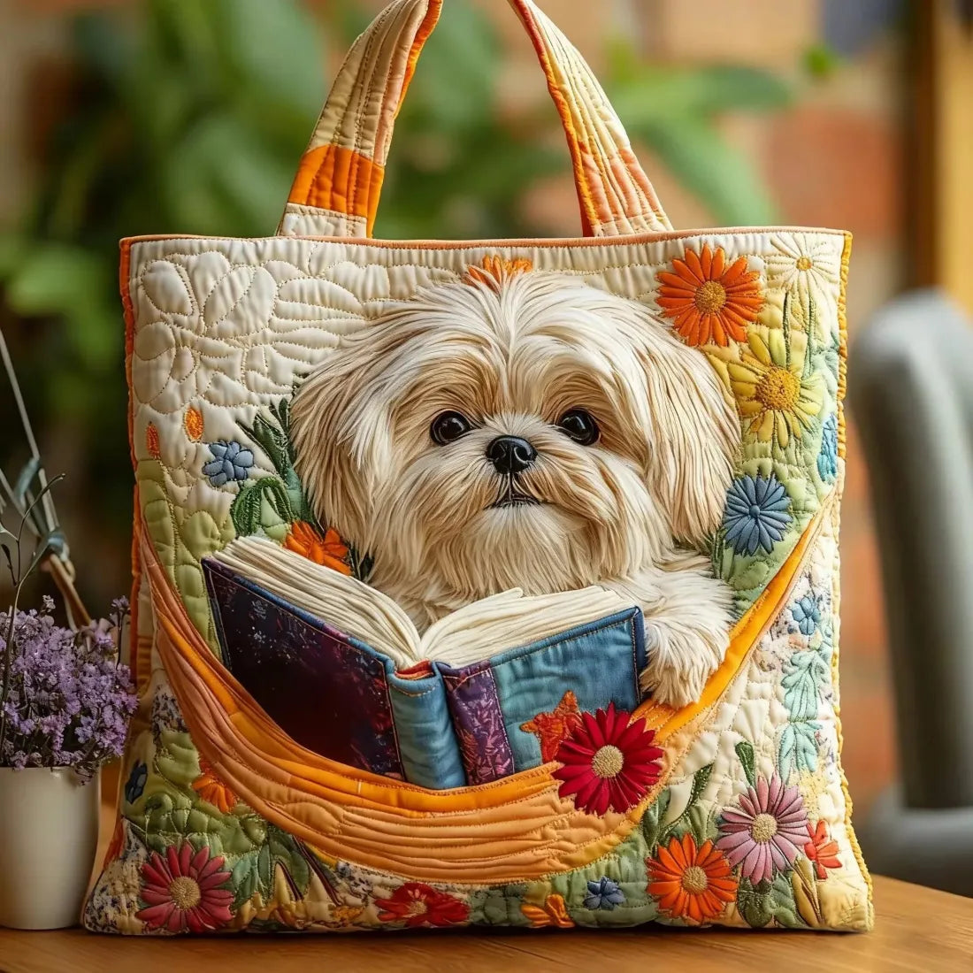 Honey – Shih Tzu with Books and Flowers Handmade Tote Bag