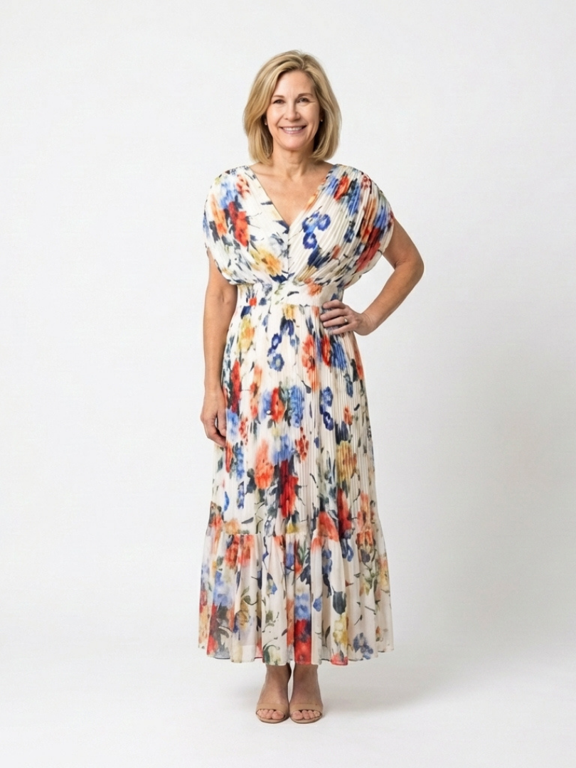 Savana - Pleated V-Neck Midi Dress