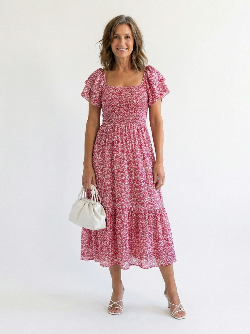 Olive - Off-Shoulder Floral Smocked Midi Dress