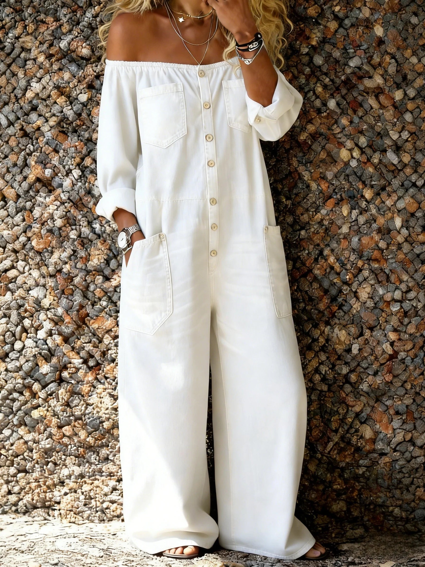 Lena – Off-Shoulder Denim Jumpsuit